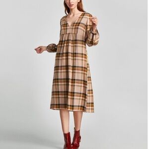 ZARA Check Tartan Plaid Print Pocket V-Neck Midi Dress Small Brown Blue
